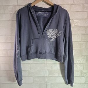 Vintage Y2K Untamed Heart Deep V Crop Hoodie Sweatshirt Rose & Rhinestone Design